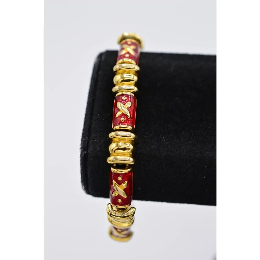 Joan Rivers Vintage Chain Bracelet Red Gold Enamel Tennis Signed 1990s Bin2